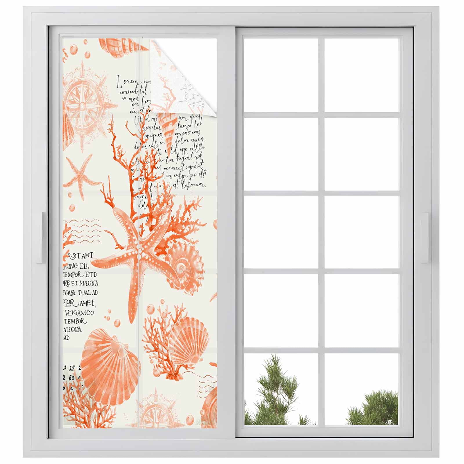 Orange Coastal Window Privacy Film, Starfish Shell Coral Seahorse Frosted Glass Window Clings Static Cling UV Heat Blocking Reusable Door Sticker for Bathroom 23.6 x 59 Inch