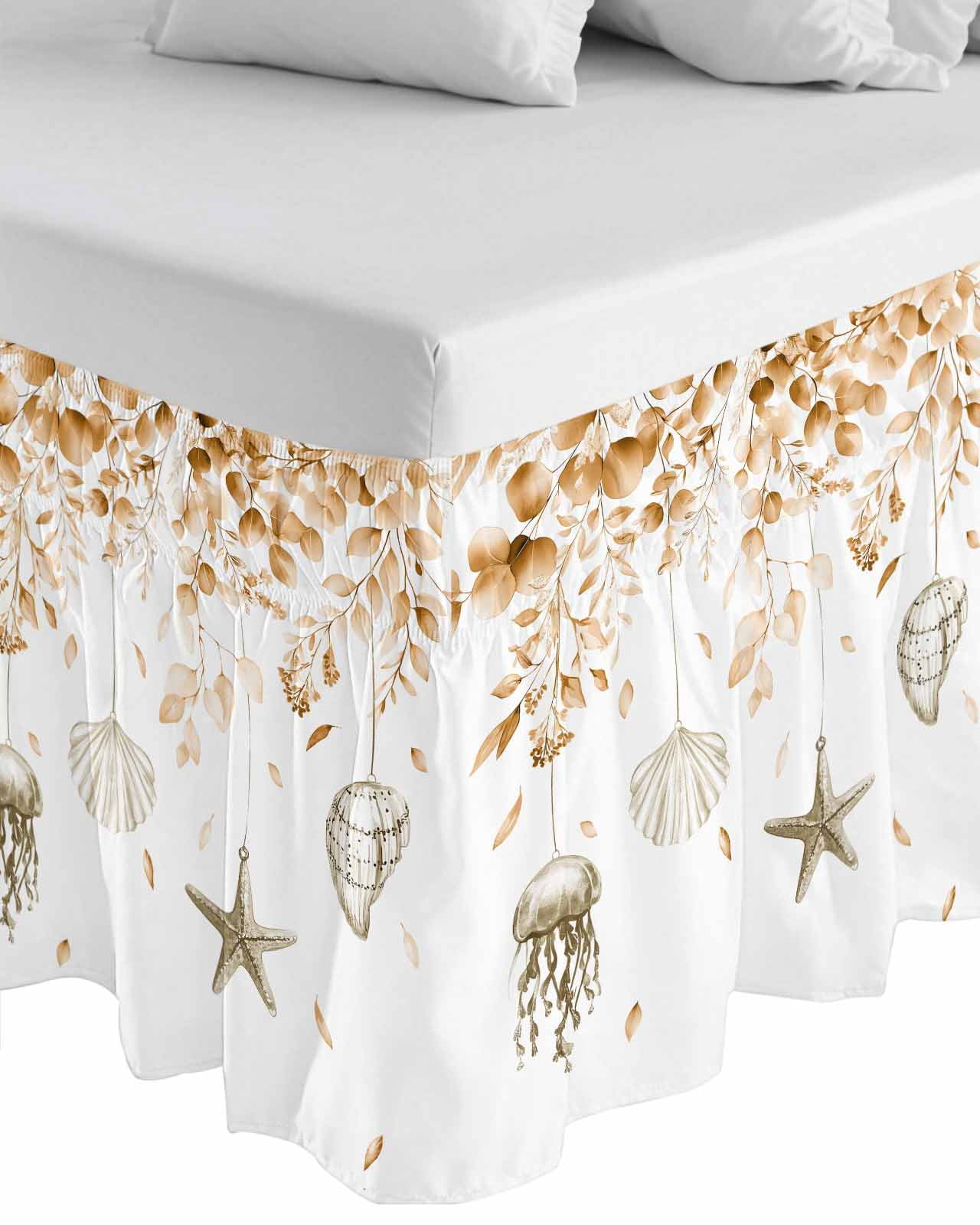 Orange Coastal Wrap Around Bed Skirts for California King Bed 16" Drop,Bed Skirt with Adjustable Elastic Belt Dust Ruffle Bed Valance Summer Eucalyptus Leaves Beach Ocean Starfish Bed Frame Cover