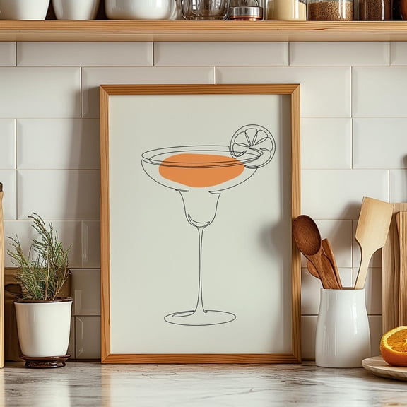Orange Cocktail Line Art , Retro Kitchen Bar Decor Unframed Paper Print