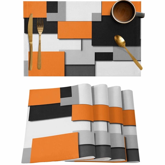 Orange Color Block Abstract Geometric Placemats Set of 4,Wipeable Washable Table Mats for Dining Tables,Gray Gradient Place Mats for Kitchen Event Party Tabletop Decor
