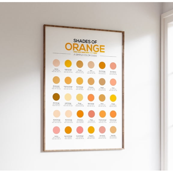 Orange Color Chart Shades Hex RGB Poster, Unframed Paper Poster 8x10in