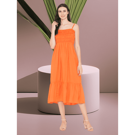 Orange Color, Kansai, Square Neck, Midi Dress