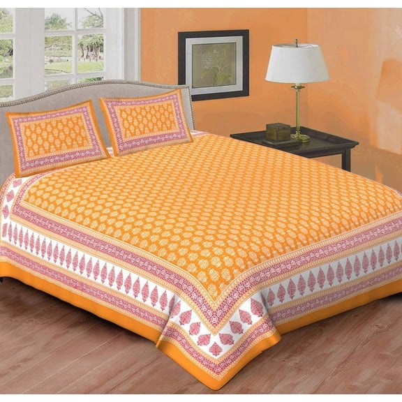 Orange Color Printed Cotton Bedsheet 90x100 INCH Handmade Designer Bedsheet with 2 Pillow Covers Queen Size Double Bedsheet Gift For Her