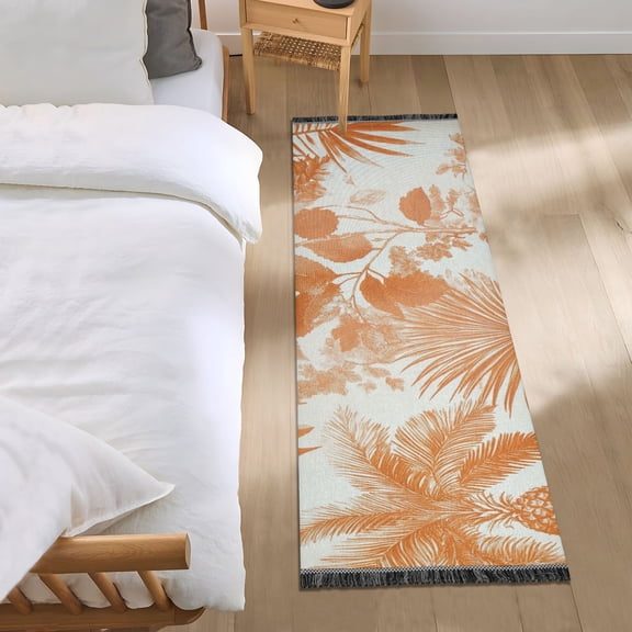 Orange Colored Pineapple Leaves Floral Tropical Bedside Runner Rug 2'x 6' Non Slip Carpet Floor Mat Area Rug