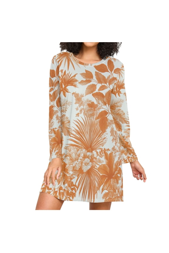 Orange Colored Pineapple Leaves Floral Tropical Women's Long Sleeves Nightgowns Sleepwear Soft Pajama A-line Sleep Dress XXL