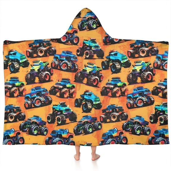 Orange Colorful Monster Cartoon Trucks Pattern Hooded Bath Towel，60"x35" for Ages 3 To 12 Kids, Quick Dry Lightweight Soft Microfiber Hood Beach Towel Cover Up for Kids