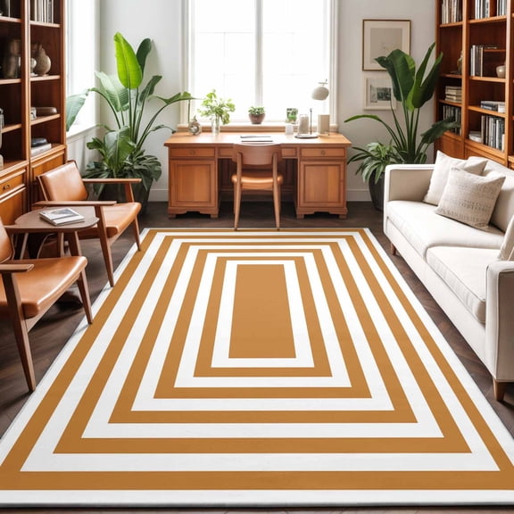 Orange Concentric Squares 5'x7' Rug for Living Room Sofa and Coffee Table Layout, Modern Abstract Minimalist Geometric Lines Washable Non Slip Rectangle Area Rug