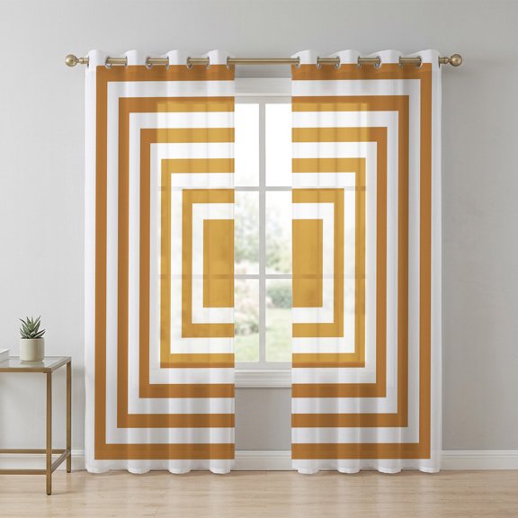 Orange Concentric Squares Sheer Curtains 63 Inch Long 2 Panels, Modern Abstract Minimalist Geometric Lines Light Filtering Semi Sheer Drapes Grommet Voile Window Curtain for Living Bedroom W52 x L63