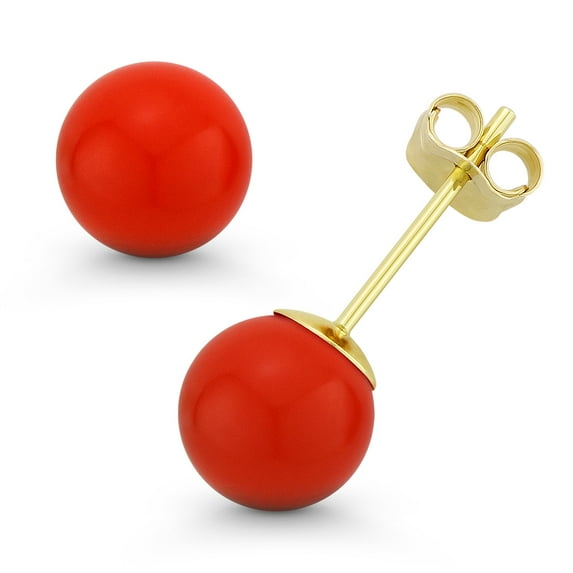 Orange Coral Ball Butterfly Pushback Stud Earrings in 14k Yellow Gold
