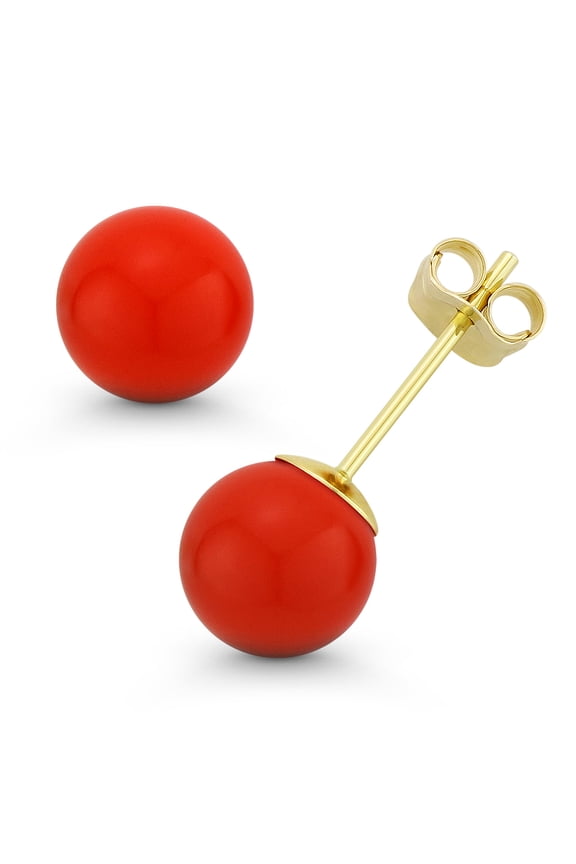 Orange Coral Ball Butterfly Pushback Stud Earrings in 14k Yellow Gold