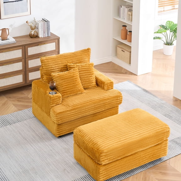 Orange Corduroy - High Back and Cup Holder Design - Reception Area - Comfortable Solo Seating Option