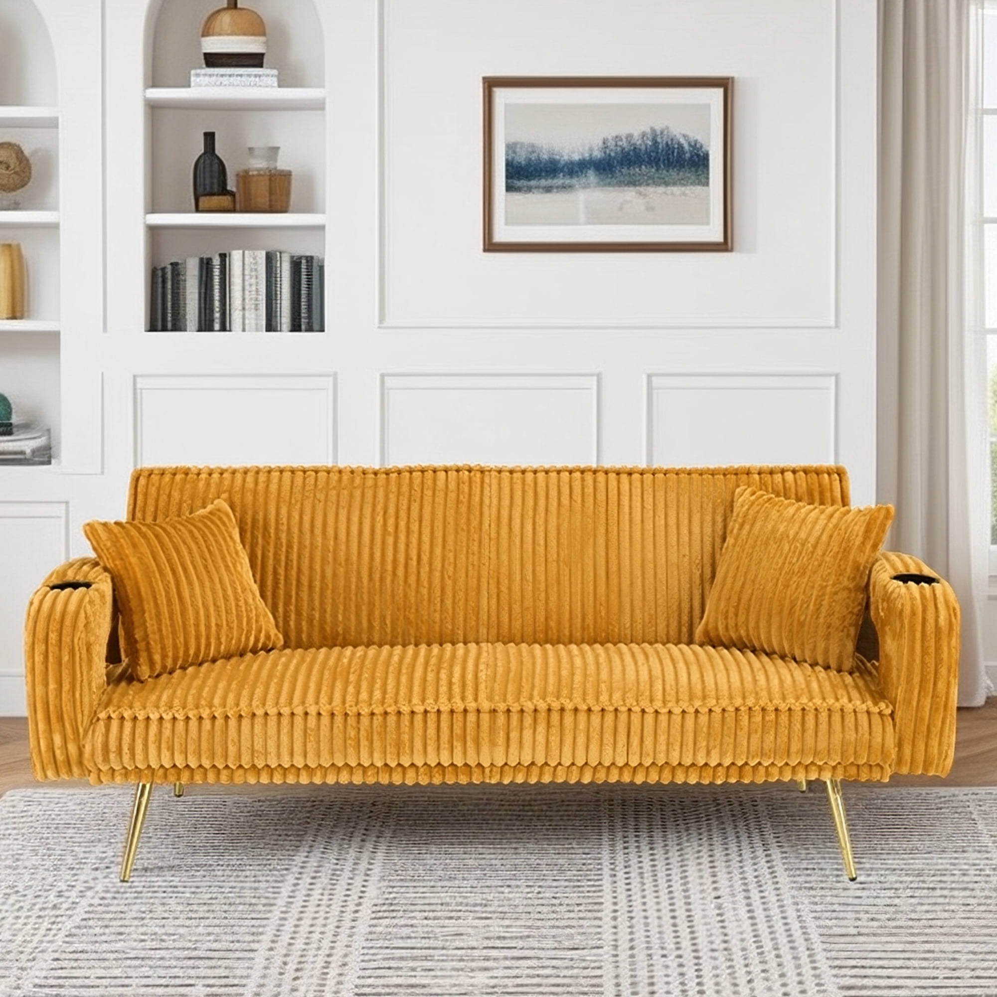 Orange Corduroy Sofa Couch,Living Room Sofa with Cup Holder,with