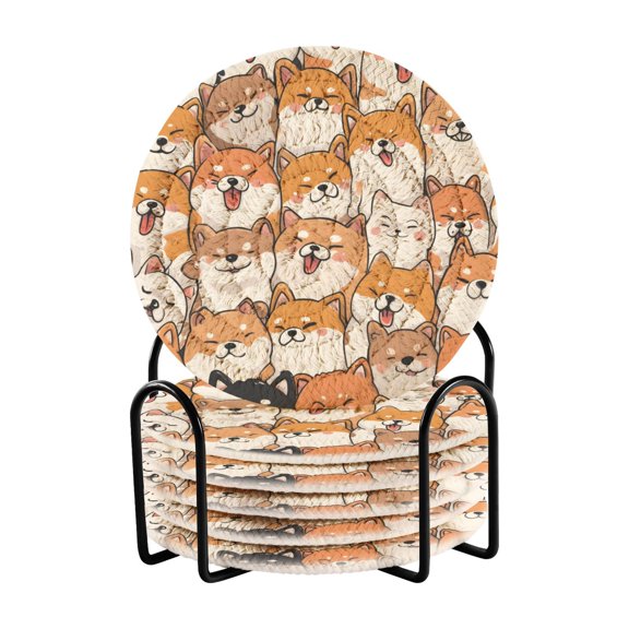 Orange Corgi Pattern Bar Coasters 6 Pack Braided Coasters with Holder Absorbent Heat Resistant