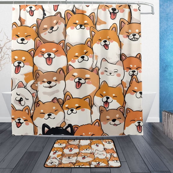 Orange Corgi Pattern Bathroom Accessory Sets Waterproof Shower Curtain with Absorbent Non-Slip Rug