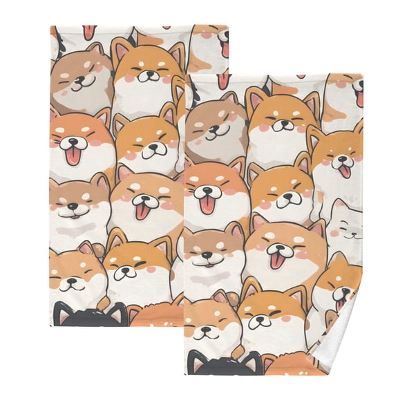 Orange Corgi Pattern Cotton Towel Set Face Hand Towels 2 Pack Soft Absorbent 16x28in
