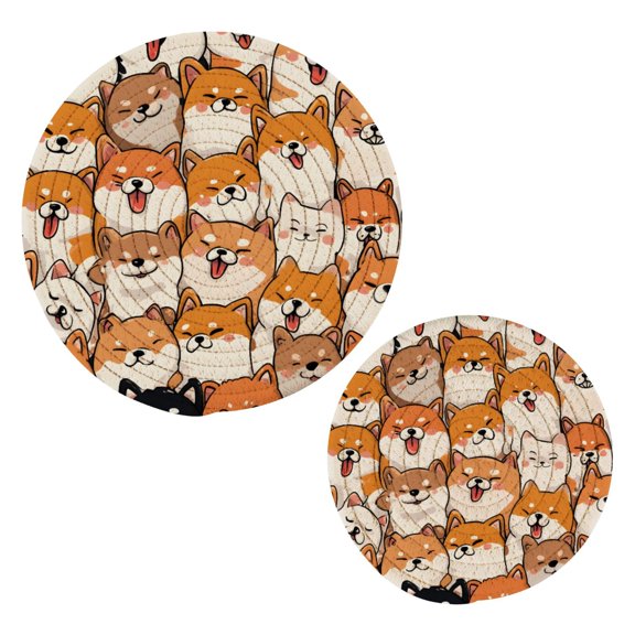 Orange Corgi Pattern Cotton Trivets Potholders Set of 2 Handmade Heat Resistant Non Slip Absorbent