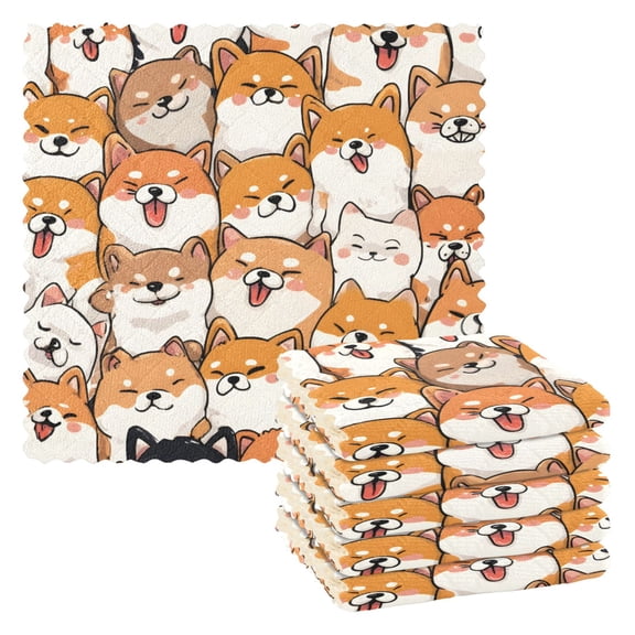 Orange Corgi Pattern Dish Towels 6 Pack Kitchen Cleaning Dish Cloths Absorbent Reuseable Cleaning Cloths 11'' x 11''