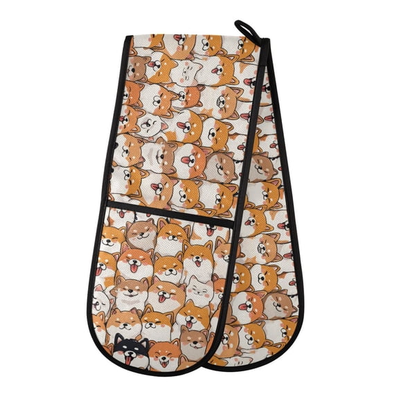 Orange Corgi Pattern Double Oven Mitt 200C Quilted Cotton Lined Kitchen Pot Holder 35x7in