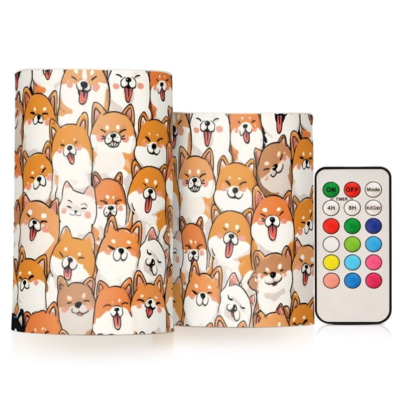 Orange Corgi Pattern Flameless LED Candle Set with Remote, Battery Operated Color Changing Pillar Candles, Set of 2