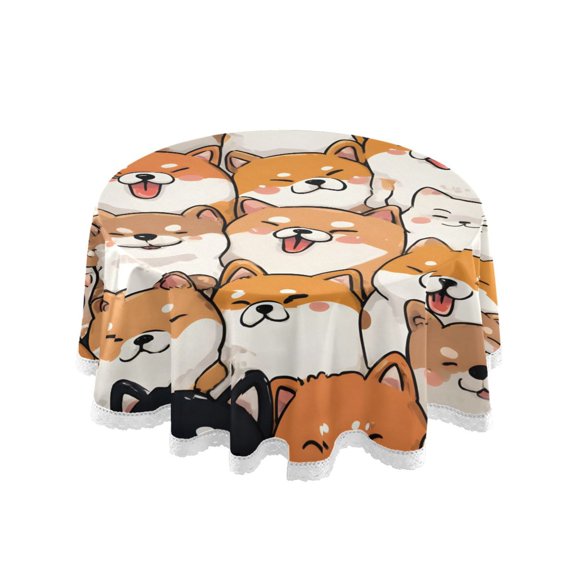 Orange Corgi Pattern Round Lace Tablecloth 60 Inch Polyester Wrinkle Resistant Decorative