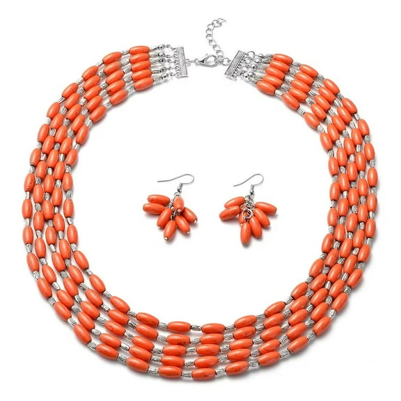 Orange Costume Jewelry Sets Howlite Beaded Earrings Bib Chunky Necklace for Women Size 18 to 20" Birthday Christmas Gifts for Women