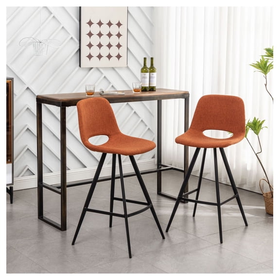 Orange Counter Height Stools - Porth Fabric Bar Stools Set of 2 - 28.25" Kitchen Island Chairs - Modern Metal Legs & Footrest - Comfortable Upholstery