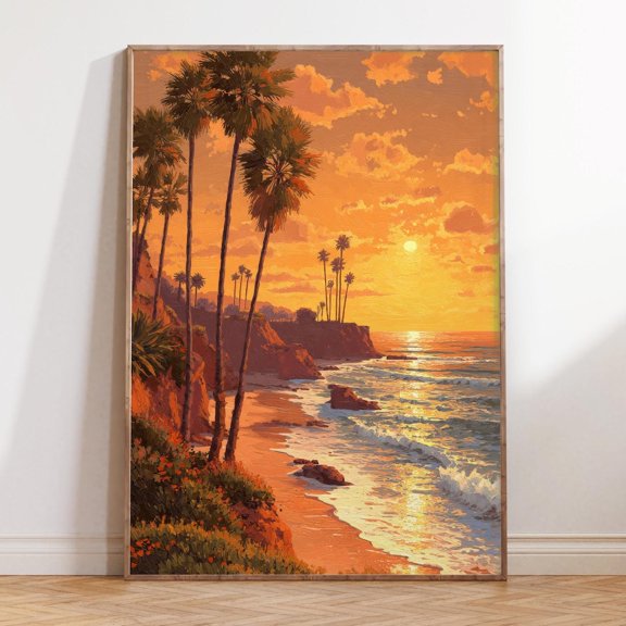 Orange County California Coast Palm Cliffs Sunset Art, Unframed Paper Print Size 8x12