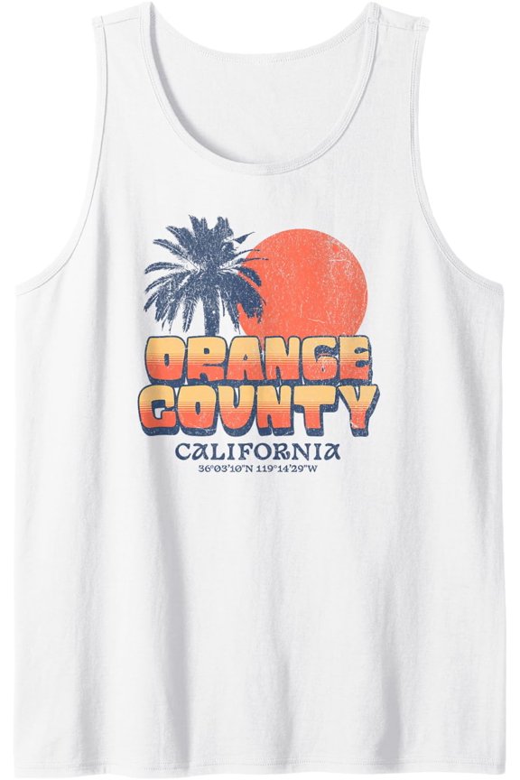 Orange County California Retro Sunset Palm Tree Cali Beach Tank Top Size S-3XL