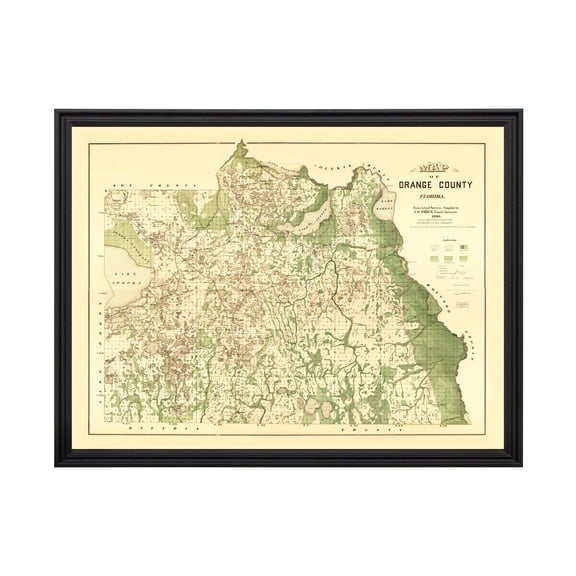 Orange County Florida Art, 1890 Vintage Map of Orange County FL History Wall Decor Gift, Old Orange County FL Map - 24" x 18" Black Framed Print