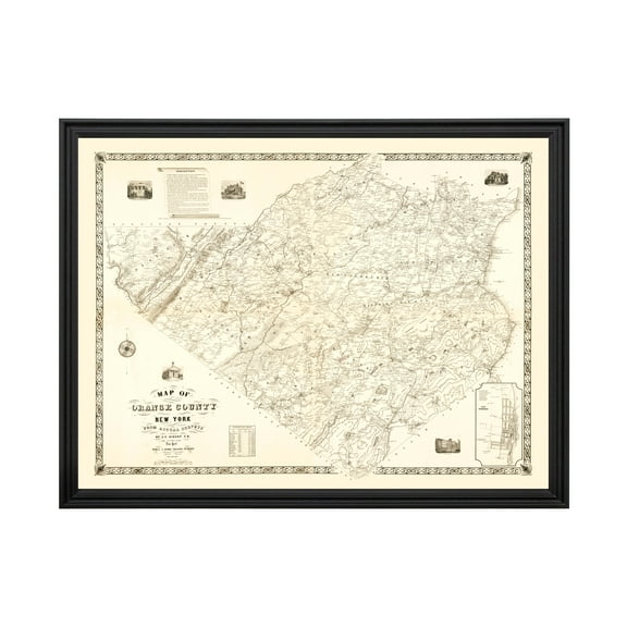 Orange County New York Art, 1851 Vintage Map of Orange County NY History Wall Decor Gift, Old Orange County NY Map - 24" x 18" Black Framed Print