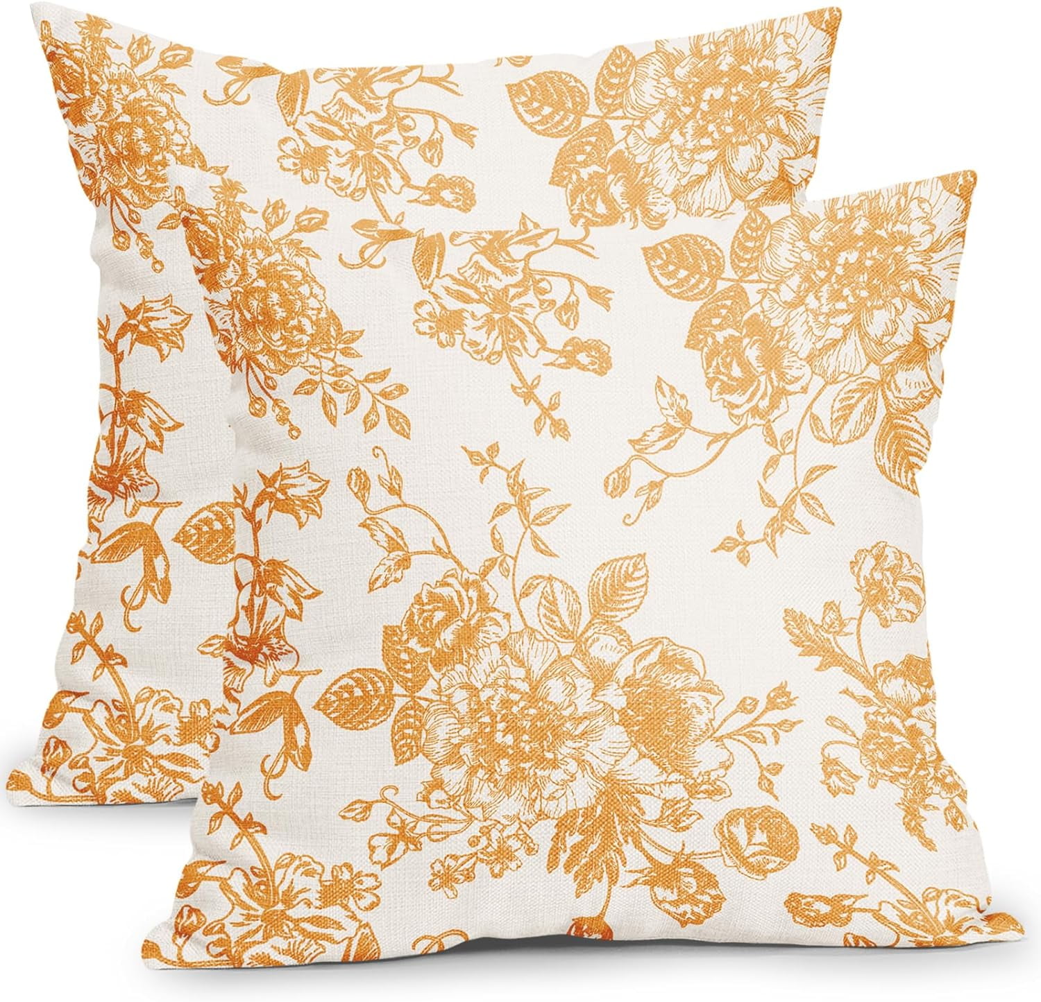 Orange and Cream Floral Pillow Covers 20x20 Inch Set of 2 Vintage Floral Throw Pillow Covers
