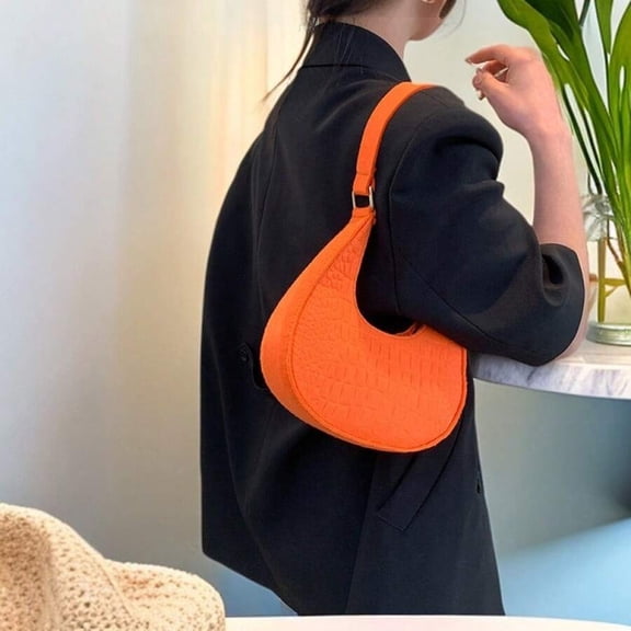 Orange Crocodile-Print Crescent Moon Underarm Makeup Bag