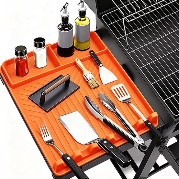 Orange Cuopluber Silicone BBQ Side Shelf Mat, Non Stick Easy Clean Grill Cooking Mat for Outdoor Kitchen Countertop, Heavy Duty Heat Resistant Griddle Utensil Organizer Pad for Backyard BBQ