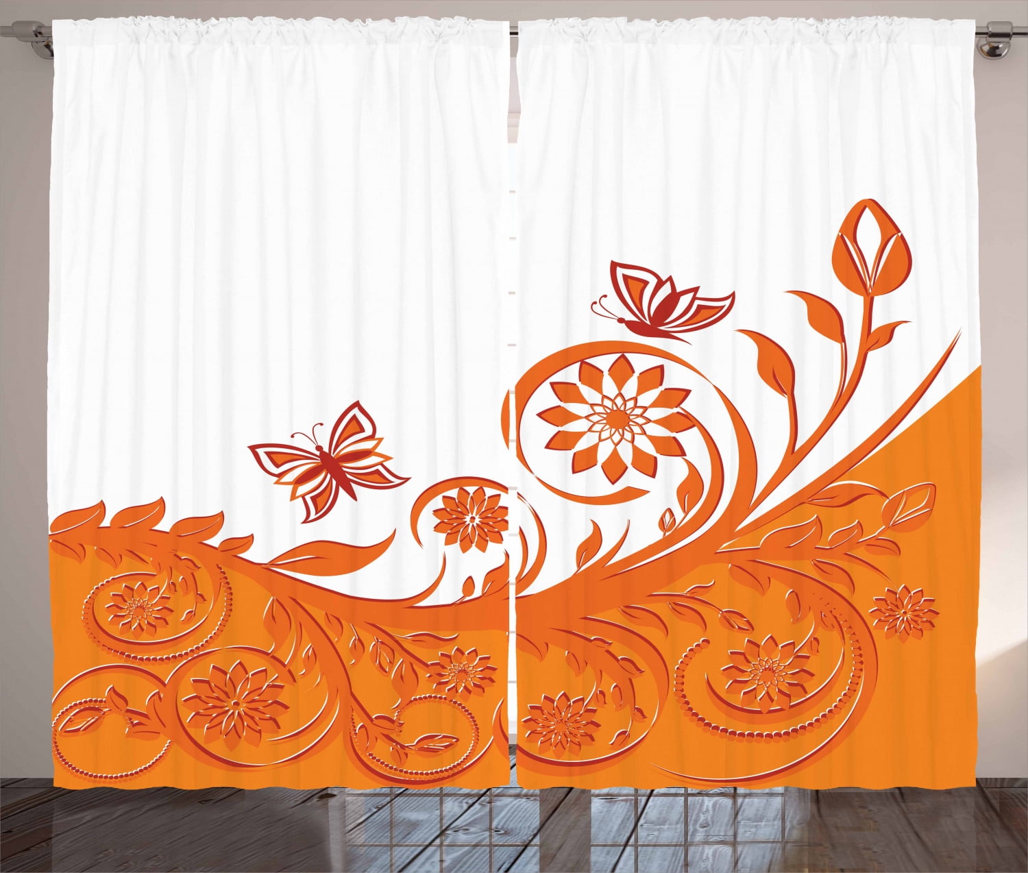 Ambesonne Orange Curtains 2 Panel Set Rose Branch 108 X 90 Orange White 9251