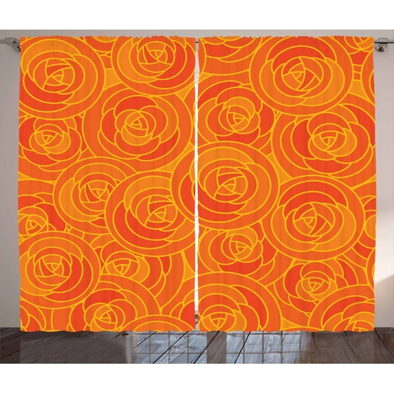 Ambesonne Orange Curtains 2 Panel Set, Outline Roses Autumn, 108" x 84", Orange and Vermilion
