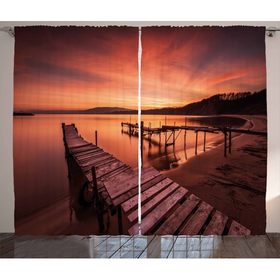 Ambesonne Orange Curtains 2 Panel Set, Twilight at Seaside, 108" x 96", Orange