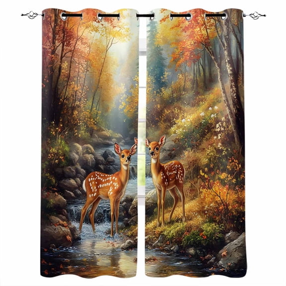 Orange Cute Deer Kitchen Curtains Vintage Forest River Elk Cafe Short Curtains for Bathroom Blackout Window Curtain Grommet Small Window Treatment Tier Drapes for Bedroom Living Room 27.5"x39"x2