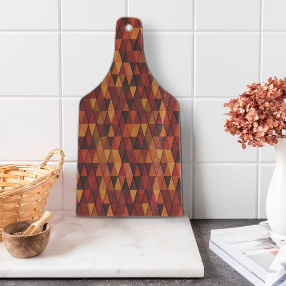 Orange Cutting Board, Abstract Vector Retro Pattern of Triangles Modern Art Inspired Illustration, Tempered Glass Cutting and Serving Board, Wine Bottle Shape, Orange and Brown, by Ambesonne