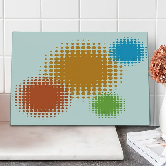 Orange Cutting Board, Colorful Half Tone Circles with Spots on White Background Retro Design, Decorative Tempered Glass Cutting and Serving Board, Large Size, Red Orange and Blue, by Ambesonne