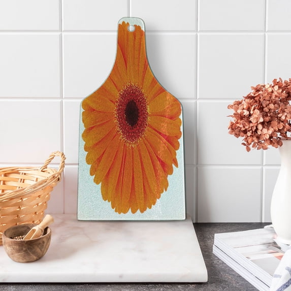 Orange Cutting Board, Flower of Gerbera Vivid Petals Close up Image Fresh Garden Botany Spring, Tempered Glass Cutting and Serving Board, Wine Bottle Shape, Orange Red Burgundy, by Ambesonne