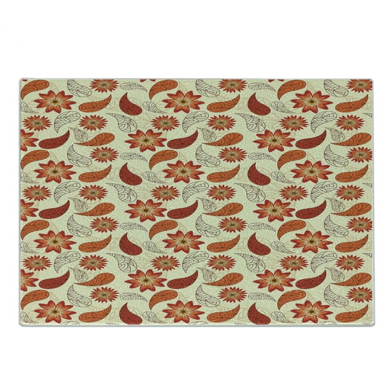 Orange Cutting Board, Red Poppy Flowers in Retro Style and Leaves Flourish Paisley Pattern, Decorative Tempered Glass Cutting and Serving Board, Small Size, Orange Red Peach, by Ambesonne