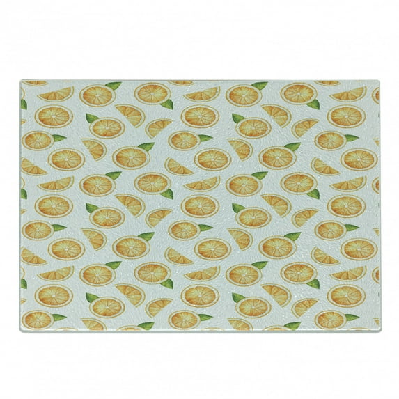 Orange Cutting Board, Watercolor Slices of Orange Fruit with Green Leaves Fresh Ripe Juicy Food, Decorative Tempered Glass Cutting and Serving Board, Small Size, Orange Green White, by Ambesonne