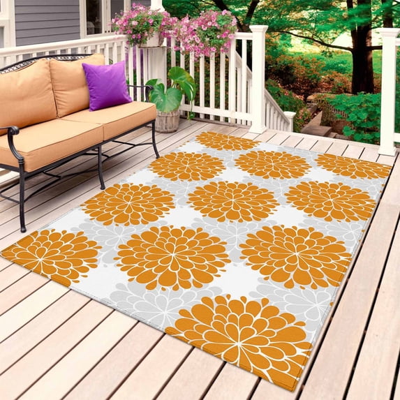 Orange Dahlia Outdoor Rug for Patio/Deck/Porch, Non-Slip Large Area Rug 3 x 5 Ft, Farmhouse Abstract Gray Floral Flowers Indoor Outdoor Rugs Washable Area Rugs, Reversible Camping Rug Carpet Runner