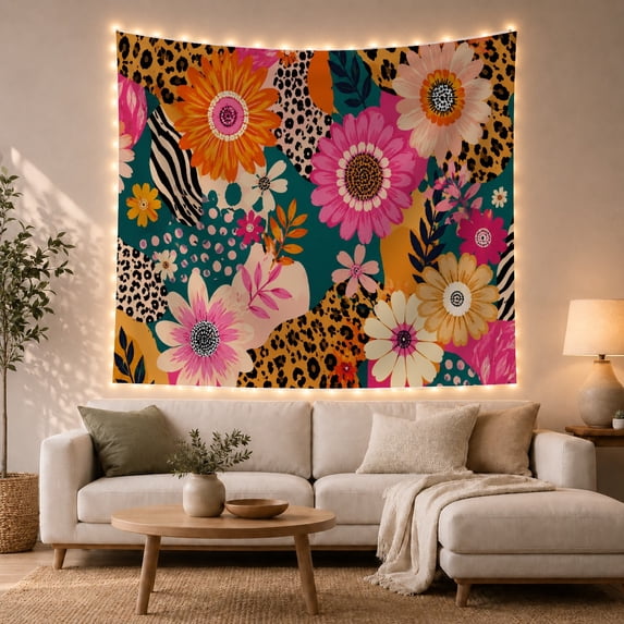 Orange Daisies Among Teal Shapes and Zebra Stripes, Playful Maximalist for Art Lovers, Floral Collage Decor, New Home Gift, Tapestry Wall Hanging for Studio and Living Room