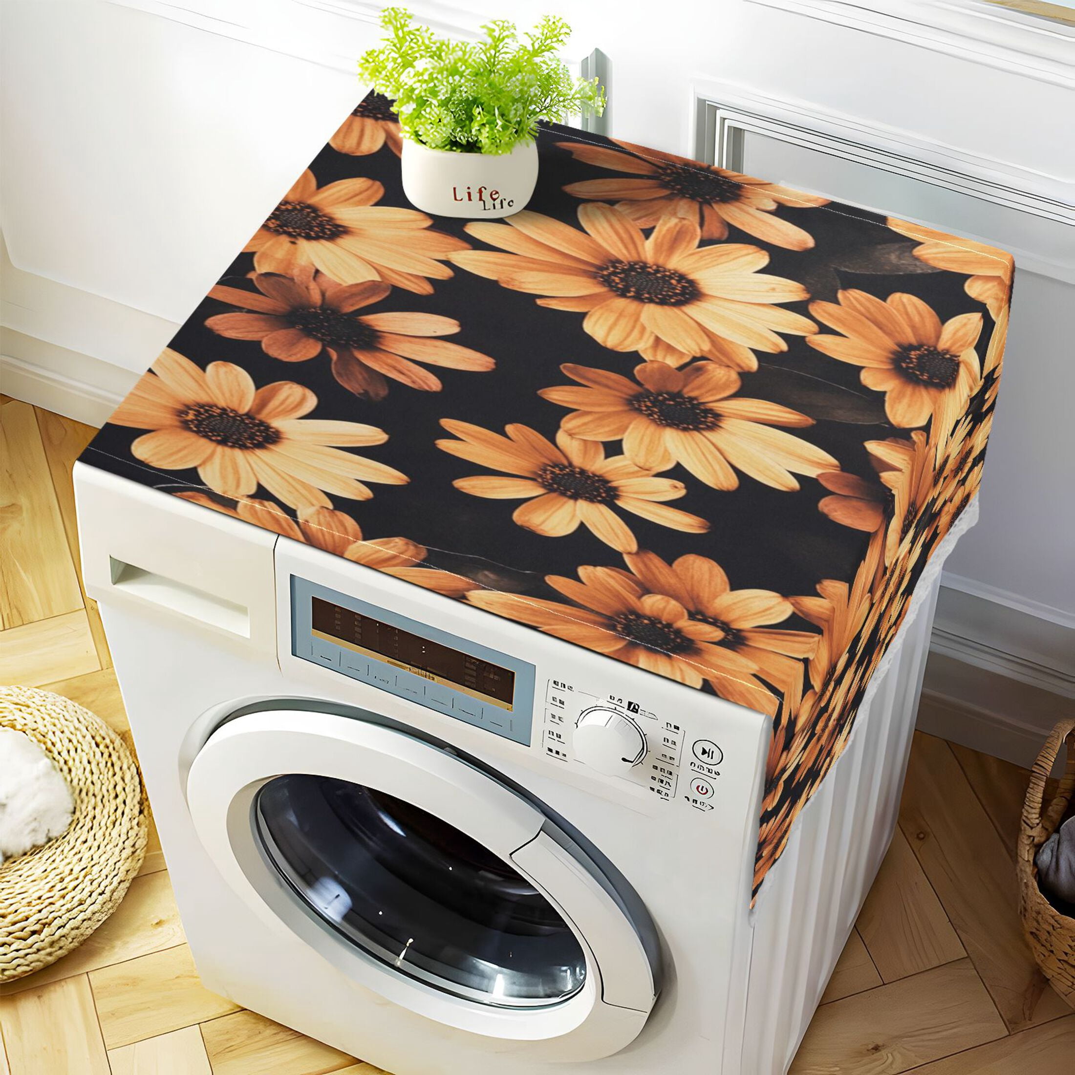 Orange DaisiesWasher and Dryer Covers Dust-Proof and Oil Resistant Fridge Cover with 4 Storage Pockets Washing Machine Top Cover for Laundry Kitchen Home 51.2 x 22 In