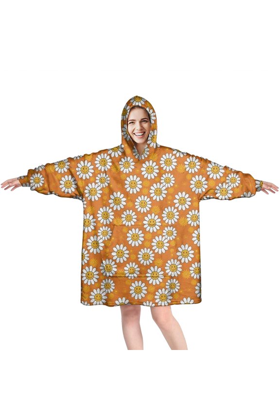 Orange Daisy Flower Smiley Faces Pattern Wearable Oversized Blanket,Wearable Blanket Hoodie for Adults,Cozy Hooded Blankets with Super Pockets,Super Warm Fuzzy Pullover for Women & Men