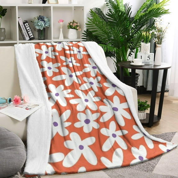 Orange Daisy Flower White Petals Pattern Blanket,Comfortable Soft Lamb Wool Throw Blanket,All Season,Warm Lightweight Blankets for Sofa Bed Couch Living Room Chair,40"x50"