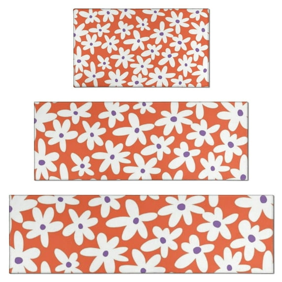 Orange Daisy Flower White Petals Pattern Kitchen Rugs Sets Of 3,Kitchen Runner Rugs Non Skid Washable,Decorative Kitchen Floor Mats for Kitchen,Sink,Laundry,17"x30"+ 17"x47" + 17"x59"