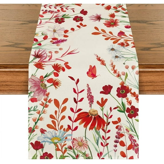 Orange Daisy Flowers Floral Leaves Summer Table Runner, Spring Kitchen Dining Table Decoration for Home Party Decor 13x72 Inch