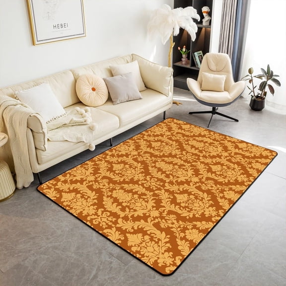 Orange Damask Area Rug,Vintage Antique Victorian Baroque Non Slip Carpet For Kids Adults,Exotic Bohemian Mandala Floral Gothic Decorative Rug For Bedroom Playroom Backyard 1x2ft